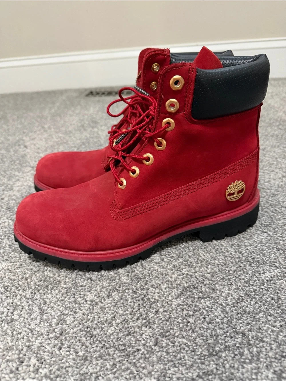 Timberland Red Suede Lace-Up Boots with Gold Eyelets